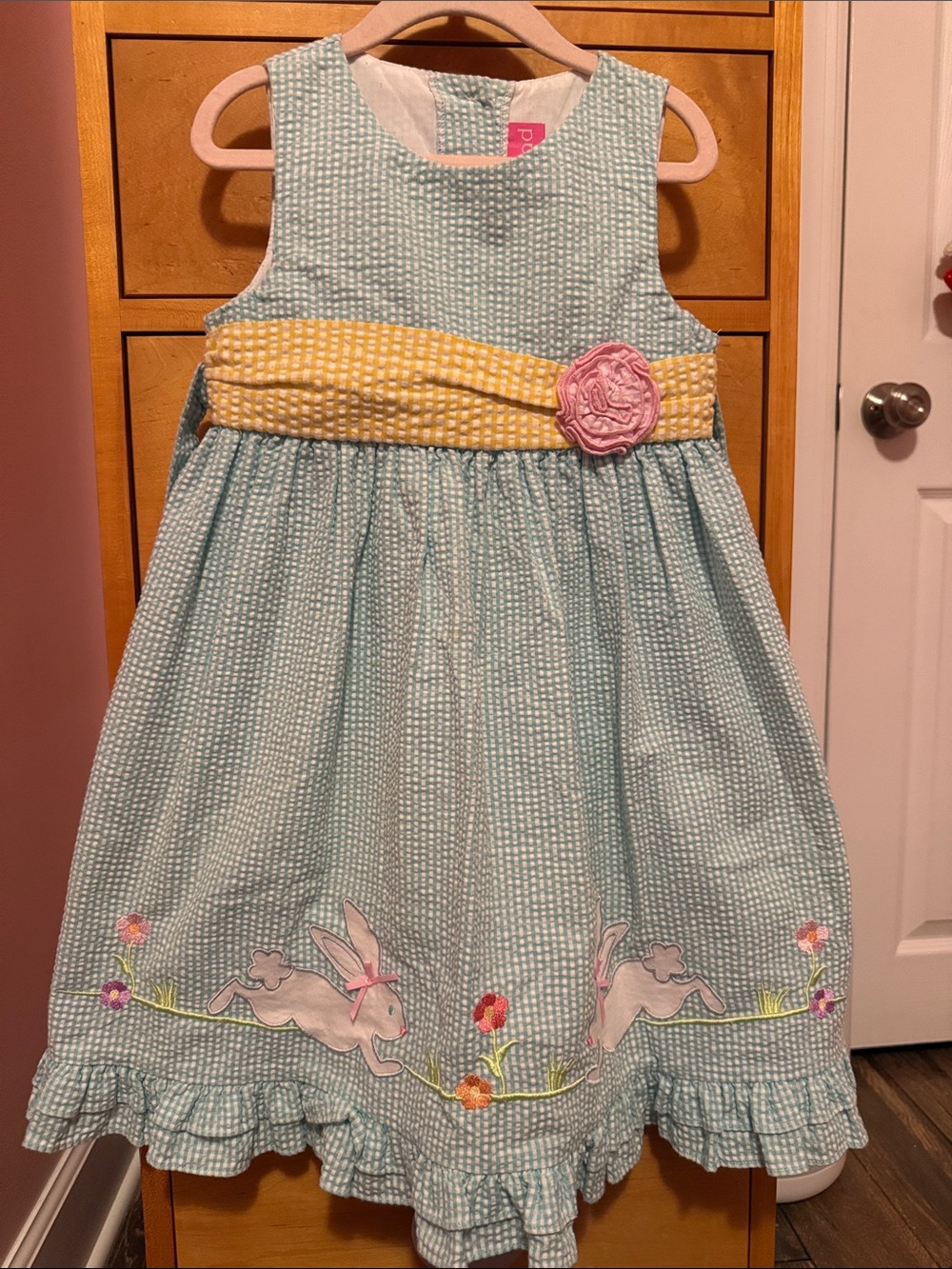 Good Lad Aqua Seersucker Dress with Yellow Sash and Pink Rose
